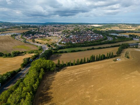 Bird's eye view of the Hoo peninsula townscape surrounded by fields