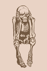 Fototapeta na wymiar Graphical vintage skeleton sitting ,vector element of spooky sepia design