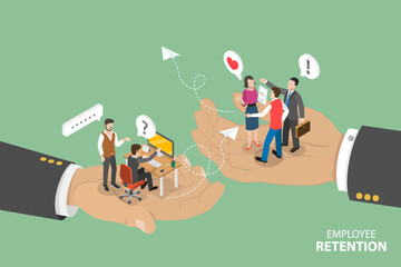 3D Isometric Flat Vector Conceptual Illustration of Employee Retention, Staff Loyalty and Workforce Protection