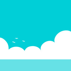 Landscape of calm sea with seagulls, cloud and blue sky. Beautiful nature. Wild beach. Summer sea. Flat vector illustration background