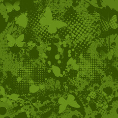 Seamless green grunge background with blots and butterflies. Vector illustration