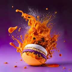 French macaron exploding, orange macaron exploding on purple background, food, french, France, digital, illustration