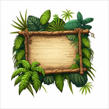 Jungle frame with wooden planks, old paper, rope, decorated plants. Wood empty signboard, vintage blank billboard, hanged wood board. Vector illustration