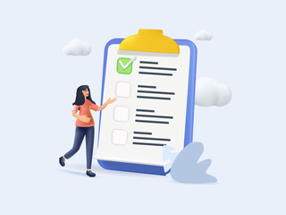 3D Self assessment, evaluate yourself for personal development or work improvement, woman giving check on checkbox
