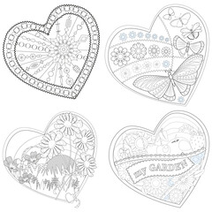 Heart frame black and white flower decorations set. Coloring book page. Vector illustration.