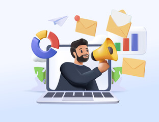 3D render PR abstract concept vector illustration. Public relations service, 3D promotion strategy, website element