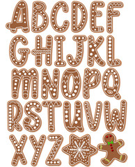 Vector cartoon illustrated gingerbread cookie Alphabet Set of Letters for Christmas holiday baking Isolated Transparent background Font Decoration