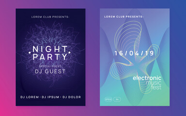 Neon edm flyer. Electro trance music. Techno dj party. Electronic sound event. Club dance poster.