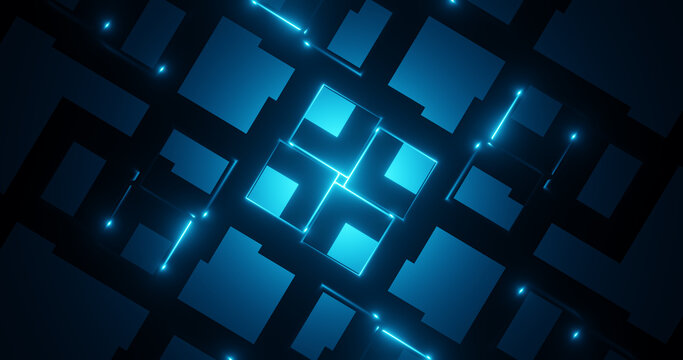 Render with techno abstract background of glowing blue squares