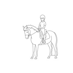 Cute little girl riding pony, vector outline