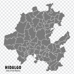 Obraz premium State Hidalgo of Mexico map on transparent background. Blank map of Hidalgo with regions in gray for your web site design, logo, app, UI. Mexico. EPS10.
