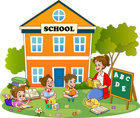 Obraz na płótnie Canvas kids discussing homework and reading books together.Vector Illustration of Child Education