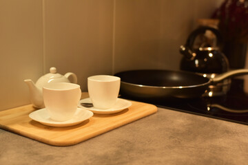 New tea service. White dishes