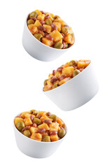 Puerto Rican traditional potato red kidney bean stew in a bowl on a white isolated background