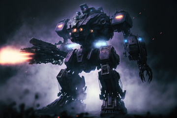 Digital paint of a night combat scene of a sci-fi mech standing in the fog in an attacking pose with assault gun on a dark background. Military attack aircraft robot with tank metal armor - obrazy, fototapety, plakaty