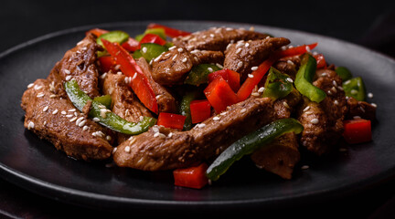 Delicious Asian teriyaki meat with red and green bell peppers
