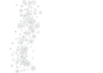 Snowflakes falling on white background. Horizontal Christmas and Happy New Year theme. Silver falling snowflakes for banner, gift card, party invitation, partner compliment and special business offers
