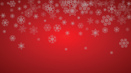 Christmas background with silver snowflakes and sparkles. Horizontal New Year and Christmas background for party invitation, banner, gift cards, retail offers. Falling snow. Frosty winter backdrop.