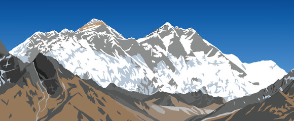 Mount Lhotse and Nuptse south rock face, top of Mt Everest and Ama Dablam peak, vector illustration, Khumbu valley, Everest area, Nepal himalayas mountains - obrazy, fototapety, plakaty