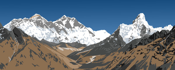 Mount Lhotse and Nuptse south rock face, top of Mt Everest and Ama Dablam peak, vector illustration, Khumbu valley, Everest area, Nepal himalayas mountains - obrazy, fototapety, plakaty