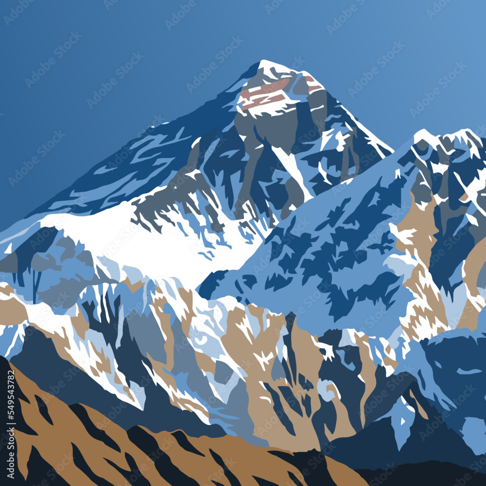 Poster mount everest from gokyo peak, vector illustration, khumbu valley, everest area, nepal himalayas mou