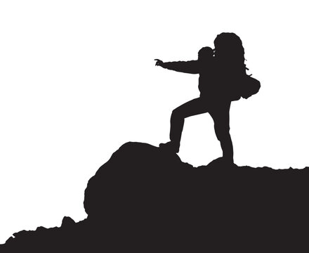 black silhouette of hiker or tourist or backpacker on white background, vector illustration