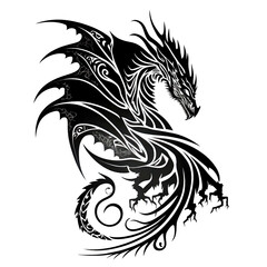 A black and white dragon tattoo design on a white background