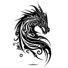 A black and white dragon tattoo design on a white background