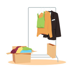 Women's wardrobe with summer casual clothes on hangers and in a box. Women's fashion clothes on the railway. Modern trendy clothing display. Charity concept. Color flat vector illustration