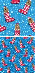 Pattern design with Komondor dogs in stockings, seamless pattern. Repeatable textile, wrapping paper, blue background graphic design. Christmas winter wallpaper with snowflakes, dog in a hat. Postcard