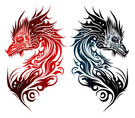 Obraz premium two dragon tattoos on a white background, one is red and the other is black and white, both have a dragon's head and tail