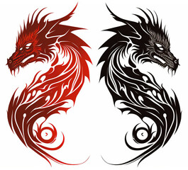 two dragon tattoos on a white background, one is red and the other is black and white, both have a dragon's head and tail