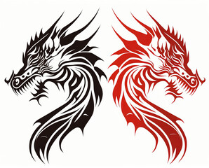 Obraz premium Two dragon tattoos on a white background, one is red and the other is black and white, both have a dragon's head and tail