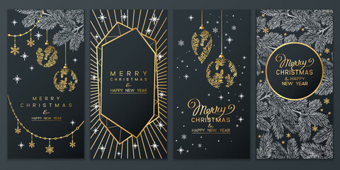 Christmas Poster set. Vector illustration of Christmas cards with branches of christmas tree. - 549546775