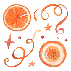 Watercolor set of hand-drawn new year illustrations of orange slices, stars and ribbon. 