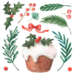 Set of watercolor christmas illustrations - stylized green branches, glazed muffin with holly berry, berries and bows. 