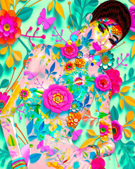 A woman's face is combined with floral arraignments, vibrant colors and so much more to create a unique abstract digital art design applicable for beauty, art and fashion themed projects.
