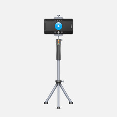 Smartphone with camera on tripod realistic. Mobile phone using for shooting content in studio