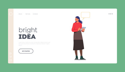 Bright Idea Landing Page Template. Business Woman in Office Concept. Confident Businesswoman with Tablet Pc in Hands