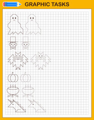 Graphic tasks by cells. Halloween set for kids.