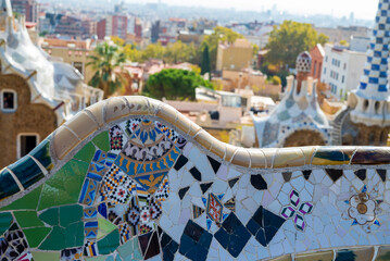 park guell landmark built by the architect Gaudí in the city center with mosaics on the benches