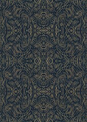 Hand-drawn unique abstract symmetrical seamless gold ornament on a deep blue background. Paper texture. Digital artwork, A4. (pattern: p03d)