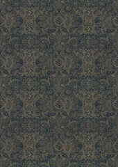 Hand-drawn unique abstract symmetrical seamless gold ornament on a deep blue background. Paper texture. Digital artwork, A4. (pattern: p04e)