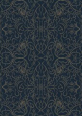 Hand-drawn unique abstract symmetrical seamless gold ornament on a deep blue background. Paper texture. Digital artwork, A4. (pattern: p07-1d)