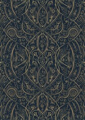 Hand-drawn unique abstract symmetrical seamless gold ornament on a deep blue background. Paper texture. Digital artwork, A4. (pattern: p08-2d)
