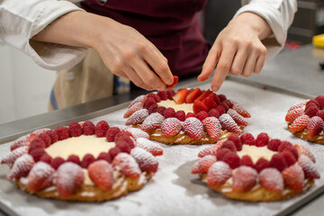 Close-up view of pastry chef hands decorating a cake