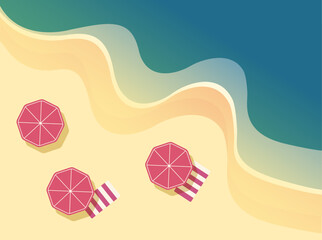 vector illustration postcard advertising banner for tourism and beach holidays, top view of summer beach with beach umbrellas, sand, and sea