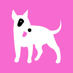 vector illustration bright print with a bull terrier dog with a tongue hanging out and a black spot around the eye, a simple minimalistic silhouette of a dog