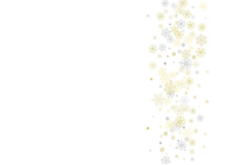 Gold snowflakes frame on white background. New year theme. Horizontal shiny Christmas frame for holiday banner, card, sale, special offer. Falling snow with gold snowflake and glitter for party invite