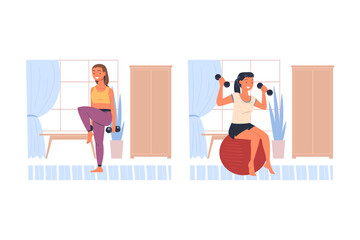 Woman Character Doing Sport at Home with Fitball and Dumbbells Vector Set